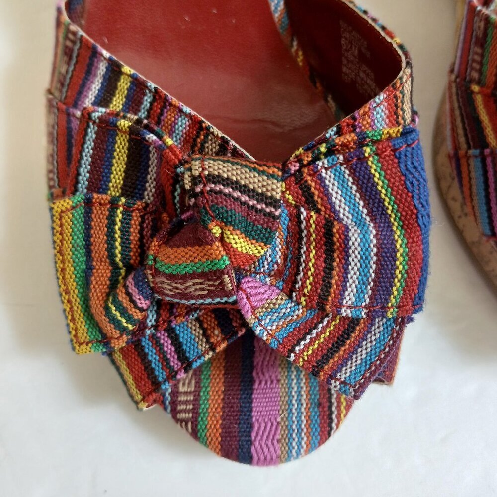 Multicolored Striped Fabric Peeptoe Cork&Rope Ankle Strap Wedge Sandals Sz 6.5 - Picture 3 of 13